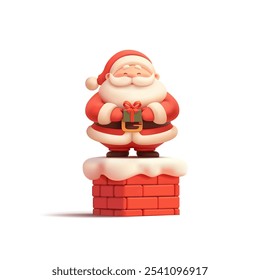 3D cute Santa with a gift is standing on the chimney. Image for the concepts of Christmas gifts, and celebration of winter holidays. Religion and culture. Vector illustration.