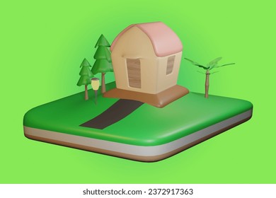 3d süßes kleines Haus isometrisch mit Ebene und Untergrund