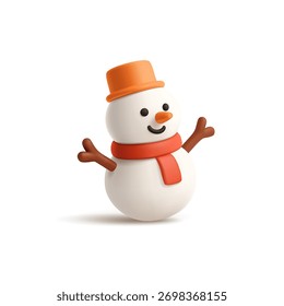 3D cute smiling snowman character, icon on white background. For winter holidays, Christmas, New Year concepts. Vector illustration.