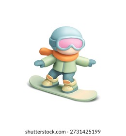 3D cute snowboarder character in winter suit, goggles on snowboard. Icon on white background. Winter sport, extreme, lifestyle, active holiday. Vector illustration.