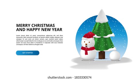 3d cute snowman and fir tree for merry christmas and happy new year illustration