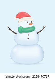 3d cute snowman with Xmas hat. Illustration of the snowman wearing a green muffler and Santa hat