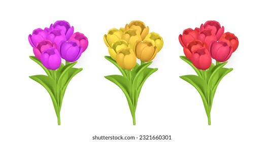 3D Cute spring bunch of tulips in cartoon style. Vector illustration.