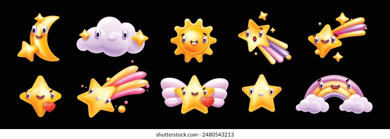 3D cute star icon set, vector cartoon kawaii stickers, funny cloud, adorable smiling rainbow, sun. Kids happy sky characters, falling cosmic objects, baby bedroom decoration mascot. 3D stars clipart