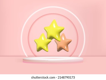 3d cute stars icon decoration. Minimal 3D scene product display circle podium with background pink color. 