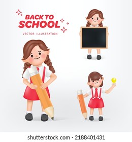 3D cute Students Back to school writing with pencil character. Vector in 3d rendering style. Back to school asian.