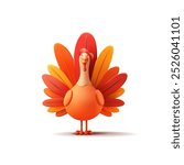 3D cute stylized bird Turkey of yellow-orange color. Beautiful turkey bird character for advertising concepts and design of celebrations, autumn, and packaging on a white background. Vector illustrati