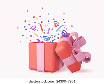 3d Cute Surprise Gift Box With Falling Confetti. Present box as prize concept. Christmas and New Year s surprise. Present box for birthday. 3d rendering. Vector illustration