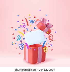 3d Cute Surprise Gift Box With Falling Confetti and blank papers for design. Christmas and New Year s surprise. Present box for birthday. 3d rendering. Vector illustration