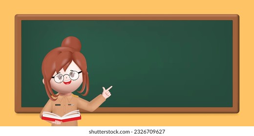 3D cute teacher woman teaching student with a book standing at blackboard. Vector in 3d rendering style.