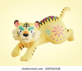 3d cute tiger character design with floral pattern and green eyebrow. Concept of 2022 Chinese zodiac sign. Suitable for lunar new year decoration