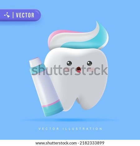 3D Cute Tooth Cartoon Character Illustration with Toothpaste on Top. Happy and Healthy Tooth Icon for Children Dental Clinic Poster Template Design. Dental Hygiene Concept