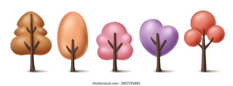 3D Cute Tree Icon Vector Set for Autumn Season and Nature Environment Design Isolated on White
