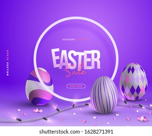 3d cute trendy Easter celebration party sale promo banner circle frame background vector illustration