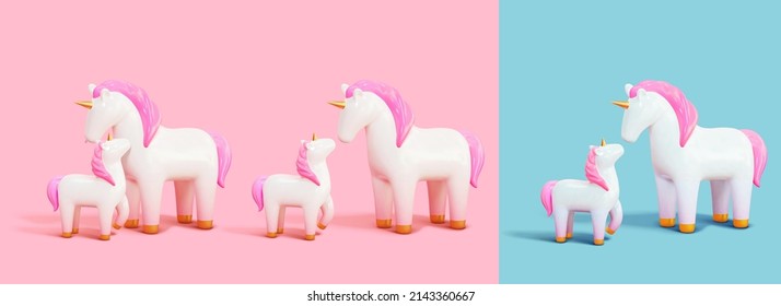 3d juguetes de unicornio lindo de madre y cachorro en contrabando. Diseño de caracteres animales aislados en un fondo de color diferente. Adecuado para el Día de la Madre o decoración de cumpleaños.