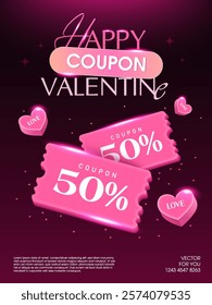 3d cute valentine coupon with flying hearts icon flying around, isolated on dark pink background. Valentine gift voucher with coupon code, percent price off. Vector icon