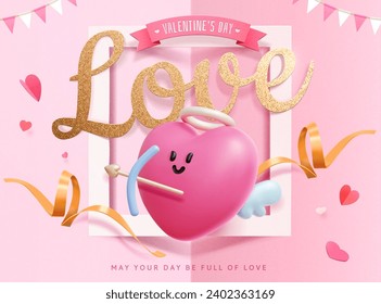 3D cute Valentine cupid with paper texture glittery title and white frame on light pink background.