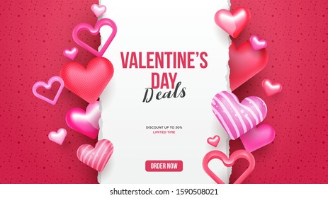 3d cute valentine's day sale promo banner card with decorative hearts and torn paper for text vector template background