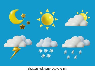 3d Cute Weather Forecast Set Cartoon Style Include of Sun, Cloud, Rain and Snow. Vector illustration