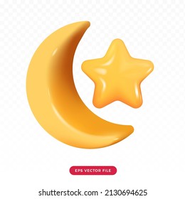 3d cute yellow crescent moon and star. 3d cartoon render style