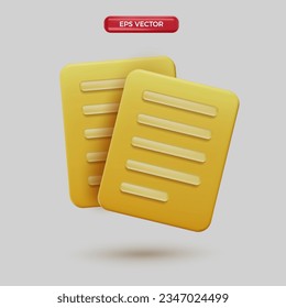 3D cute yellow document cartoon render style vector mesh. 3d geometric shapes vector illustration