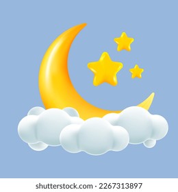 3d cute yellow gold crescent moon stars with clouds. Dream, lullaby, dreams background design for banner, booklet, poster.