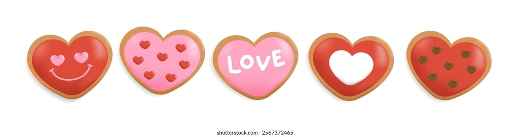 3D cute yummy cookies. Love dessert concept. Happy Valentine's day greeting card. -Vector