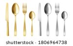 3d cutlery of golden and silver color fork, knife and spoon set. Silverware and gold utensil, catering luxury metal tableware top view. isolated on white background, Realistic vector illustration,