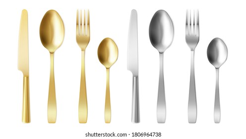 3d cutlery of golden and silver color fork, knife and spoon set. Silverware and gold utensil, catering luxury metal tableware top view. isolated on white background, Realistic vector illustration,