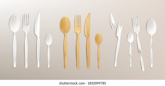 3d cutlery wood and broken plastic, disposable fork, spoon and knife. Isolated bamboo biodegradable table setting made of natural eco recycle reusable material, Realistic vector illustration, set