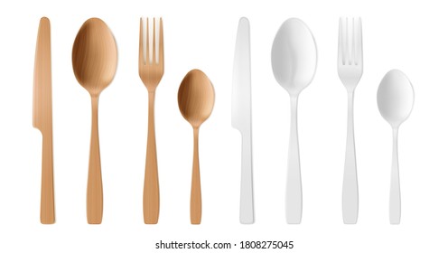 3d cutlery of wood and plastic, disposable fork, spoon and knife. Isolated wood or bamboo biodegradable table setting made of natural eco recycle reusable material, Realistic vector illustration, set