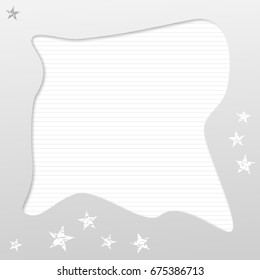 3D cutout, carving paper background, white ruled, striped cpoybook, notebook shape. Vector design layers with stars.