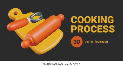 3D cutting board, whisk, rolling pin. Group of vector elements in cartoon style