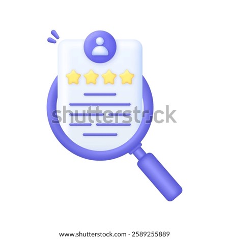 3D CV card illustration. Candidate questionnaire checklist for vacancy. Job search, human resources, business, job interview, hr, recruitment concept. Trendy and modern vector in 3d style.
