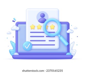 3D CV card illustration on Computer. Candidate questionnaire checklist for vacancy. Job search, human resources, business, job interview, hr, recruitment concept. Trendy and modern vector in 3d style