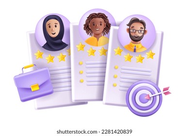 3D CV icon, vector job recruit headhunter concept, human recourses company staff rating facee avatar. Arab woman smiling male cartoon character, diverse team resume talent profile. 3D CV clipart 