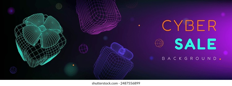 3d cyber monday digital tech gift box sale offer background. Futuristic shopping wireframe poster for online advertising or game design. Neon surprise event with prize package marketing banner