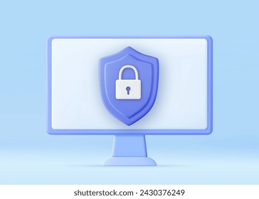 3D Cyber security technology concept. personal data protection. Data security protection. Header for website with laptop and protection shield. 3D rendering. Vector illustration