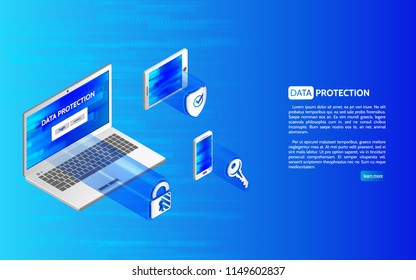 3D Cyber security technology mechanism concept. Abstract isometric personal data protection. Header for website with laptop and protection icons with padlock, shield and key.