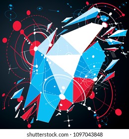 3d cybernetic tech background made using low poly object with splinters and lines mesh. Technology illustration created with Bauhaus retro abstract elements can be used as layout for business presenta