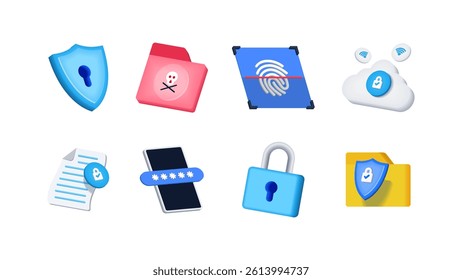 3D Cybersecurity and Data Protection Icon Set. Shield, Malware, Fingerprint, Password, Padlock, Secure Connection, Audit. Editable Vector for App, Web, Infographic, and UI Design.