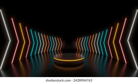 Animación 3d ciclada, fondo de neón abstracto de color rosa rojo azul con flechas de degradado brillantes, que muestran la dirección hacia adelante. Etapa vacía