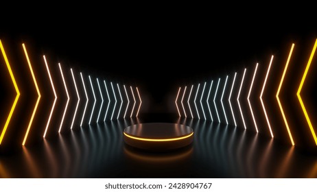3d cycled animation, abstract pink red blue neon background with glowing gradient arrows, showing forward direction. Empty stage