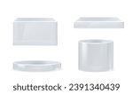 3D cylinder and cube glass platforms set isolated on white background. Vector realistic illustration of transparent plastic round and square podiums, product presentation stand, pedestal mockups