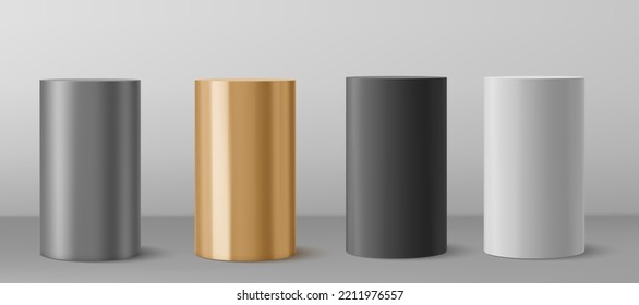 3d Cylinder from different materials pillar isolated on gray background. vector illustration