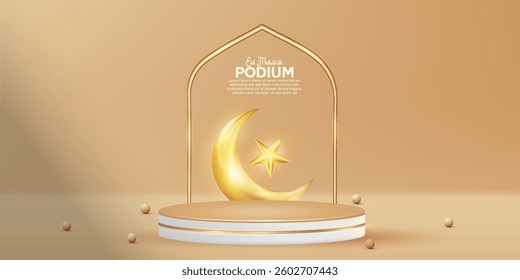 3D cylinder Eid Mubarak holiday mockup design template with indoor shadow overlay. Islamic festival brown color empty scene product advertising realistic podium design vector. Eid AL Adha background. 