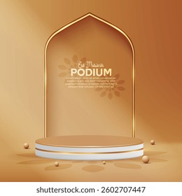 3D cylinder Eid Mubarak holiday mockup design template with indoor shadow overlay. Islamic festival brown color empty scene product advertising realistic podium design vector. Eid AL Adha background. 