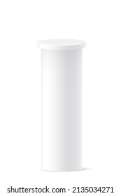 3d cylinder pedestal with geometric circle platform on top vector illustration. Realistic white pillar for presentation of museum exhibit or product in showroom, vertical empty column with shadow