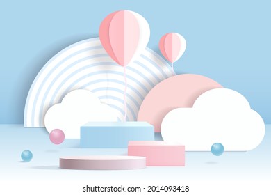 3D cylinder pedestal podium with Paper flying elements on pastel background.