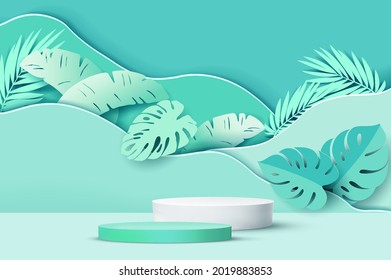 3D cylinder pedestal podium with Paper cut style illustrator elements of leaf on background.